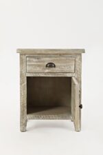 Artisan's craft accent table in washed grey with the door open