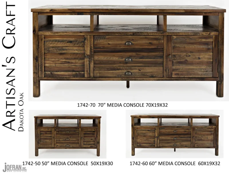 Photo of the Dakota Oak TV Stand's various sizes