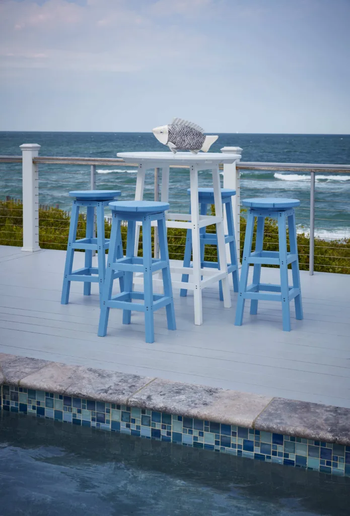32" Round Top counter Table on a beautiful coastal porch surrounded by counter stools