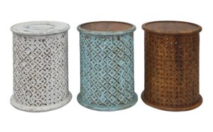 Antique white, turquoise, and mango drum tables lined up