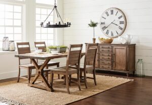 Farmhouse Chic Dining Table in a dining room surrounded by chairs