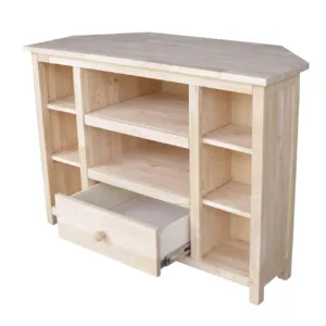 Unfinished Corner Entertainment / TV Stand with drawer open